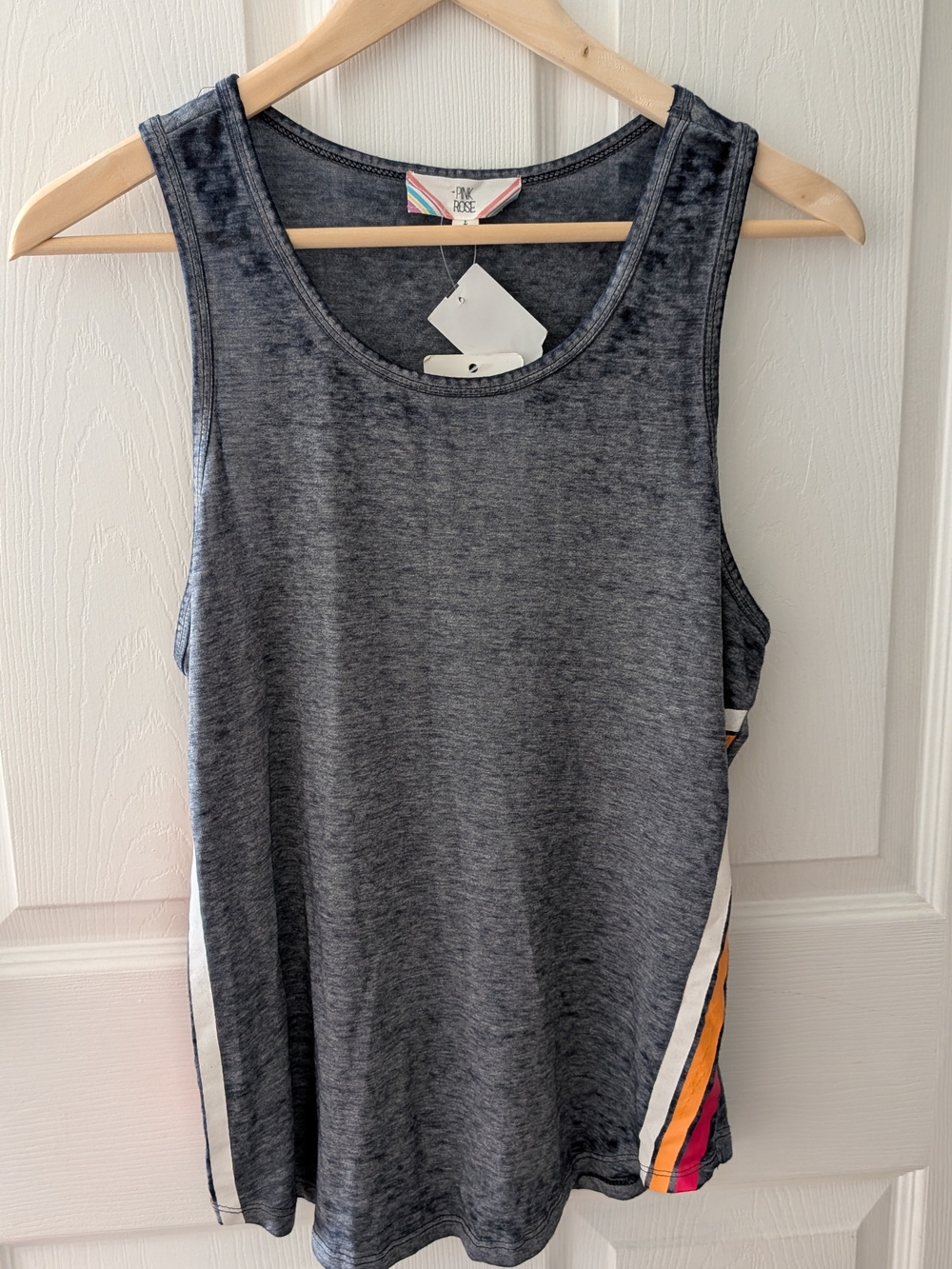 70s Inspo Sleeveless Side Stripe Tank, Charcoal, Red, White, Orange Cotton Blend